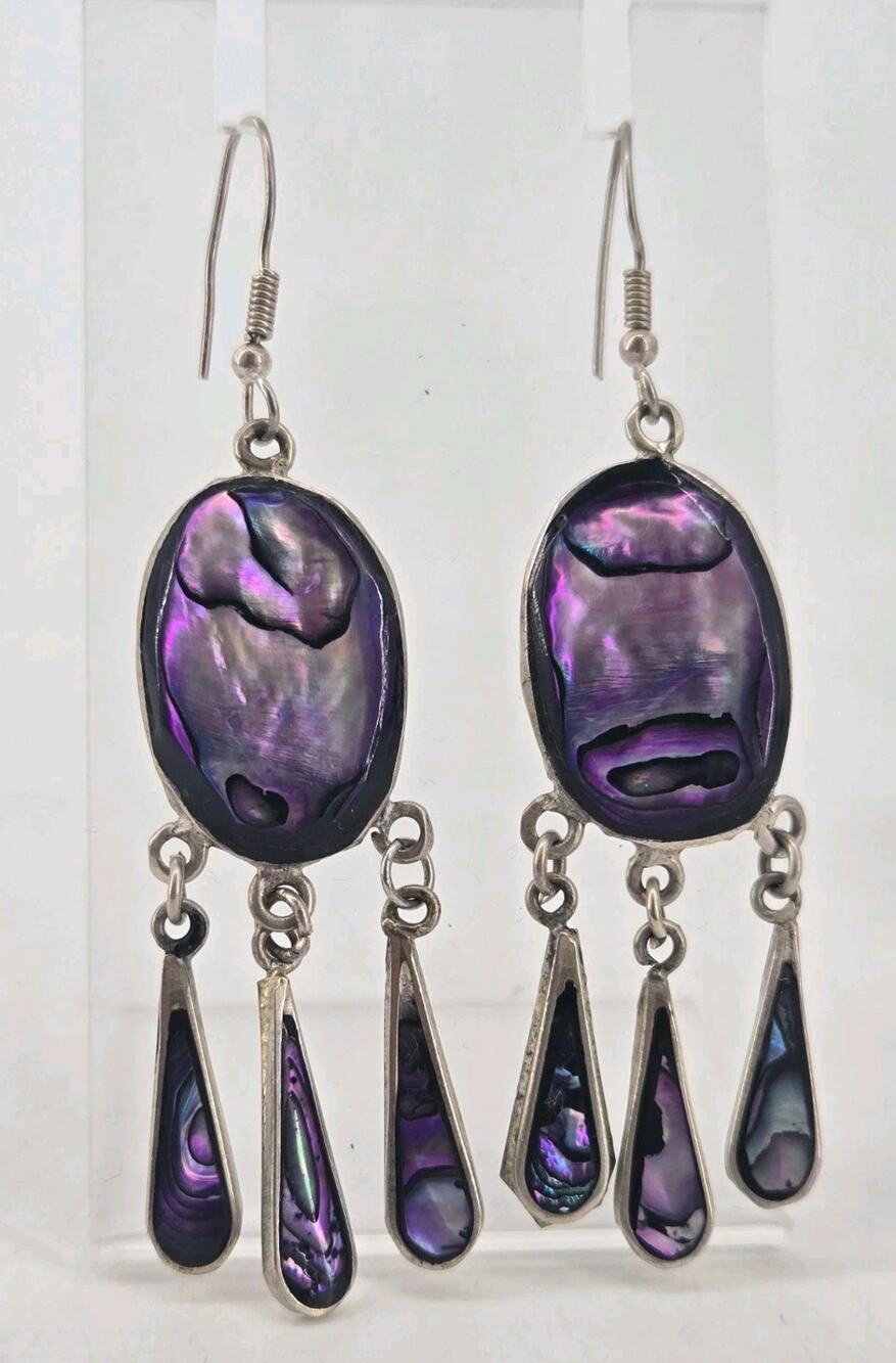 Boho Artisan Purple Abalone Alpaca Silver Chandelier Dangle Earrings Handmade